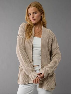 American Eagle Chunky Shaker-Stitch Open Front Cardigan Sweater Taupe Medium